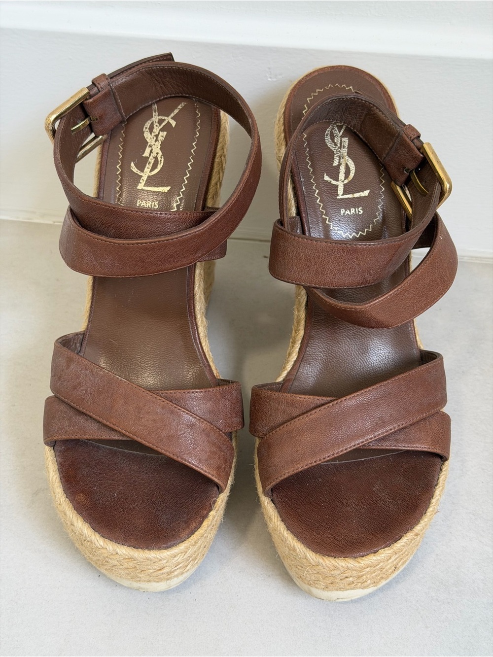 Saint Laurent Brown Leather Espadrille Wedges